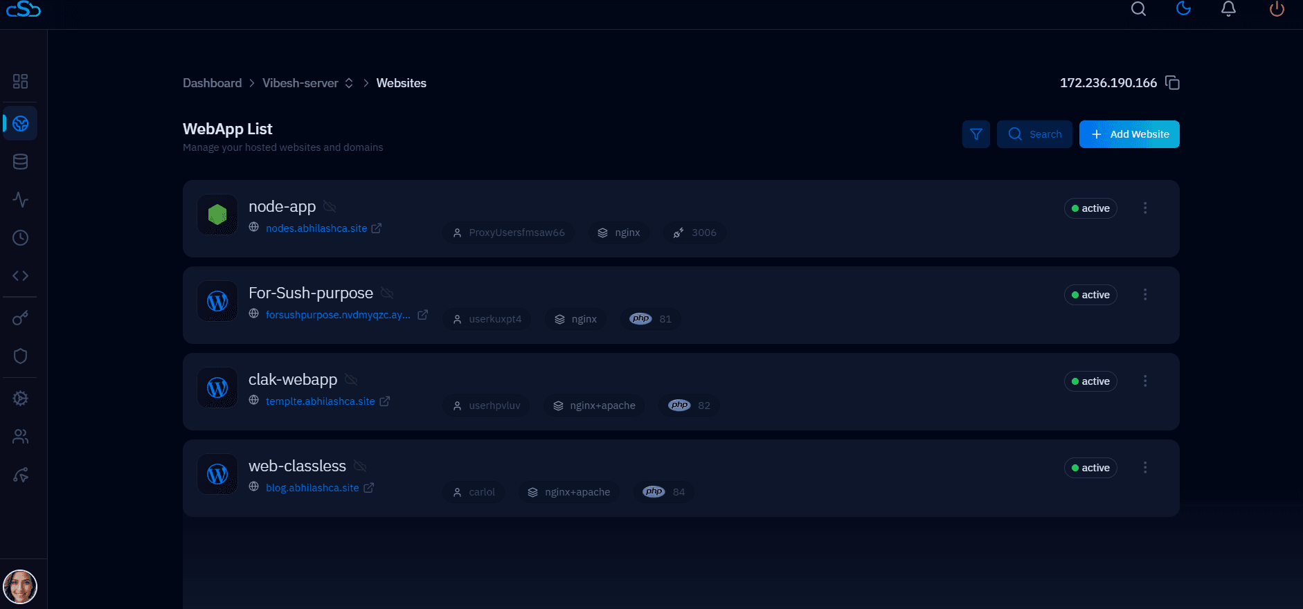 CloudStick WebApp List showing WordPress and Node.js applications with stacks and PHP versions