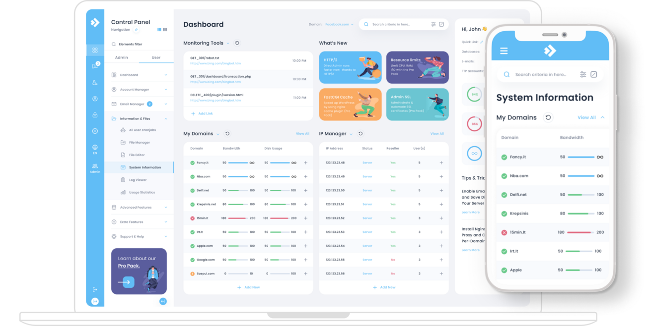DirectAdmin Evolution skin dashboard with domains, monitoring, and IP manager