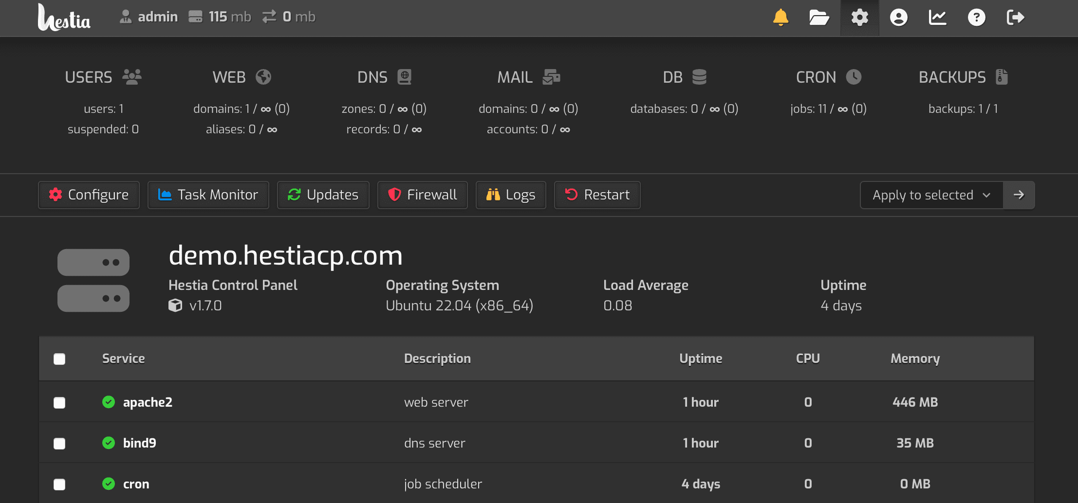 HestiaCP admin panel showing web, DNS, mail, and database management