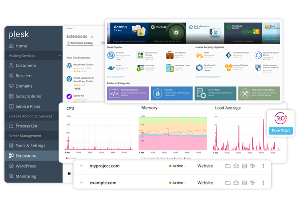 Plesk Obsidian interface with extensions catalog and monitoring graphs