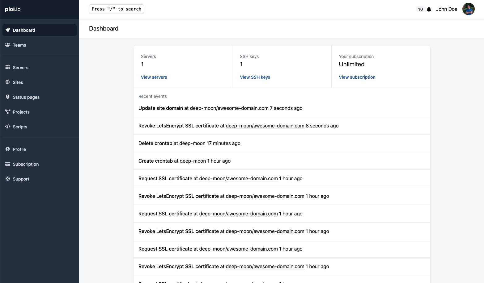 Ploi dashboard showing servers, SSH keys, and a recent events activity feed