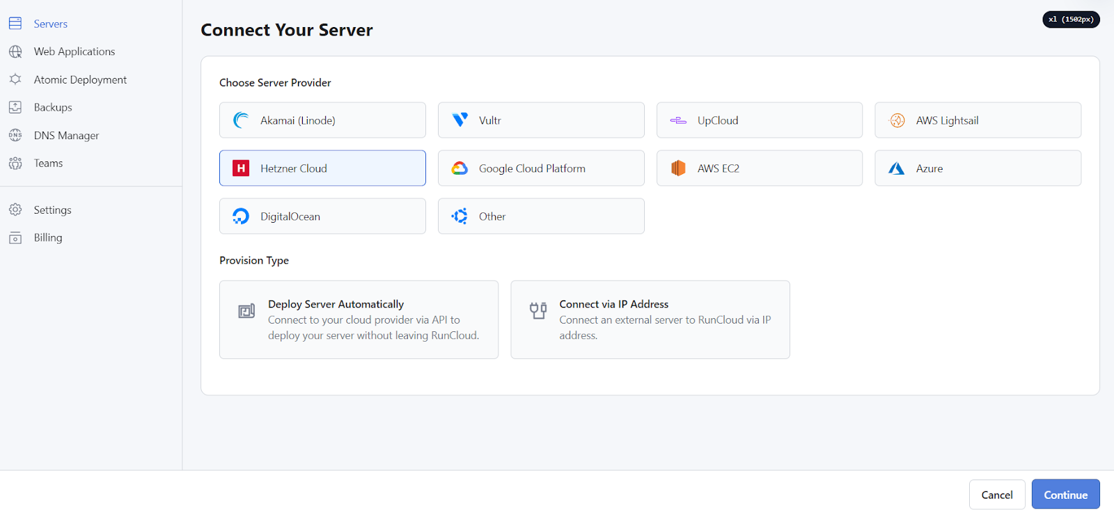 RunCloud Connect Your Server screen with cloud provider options