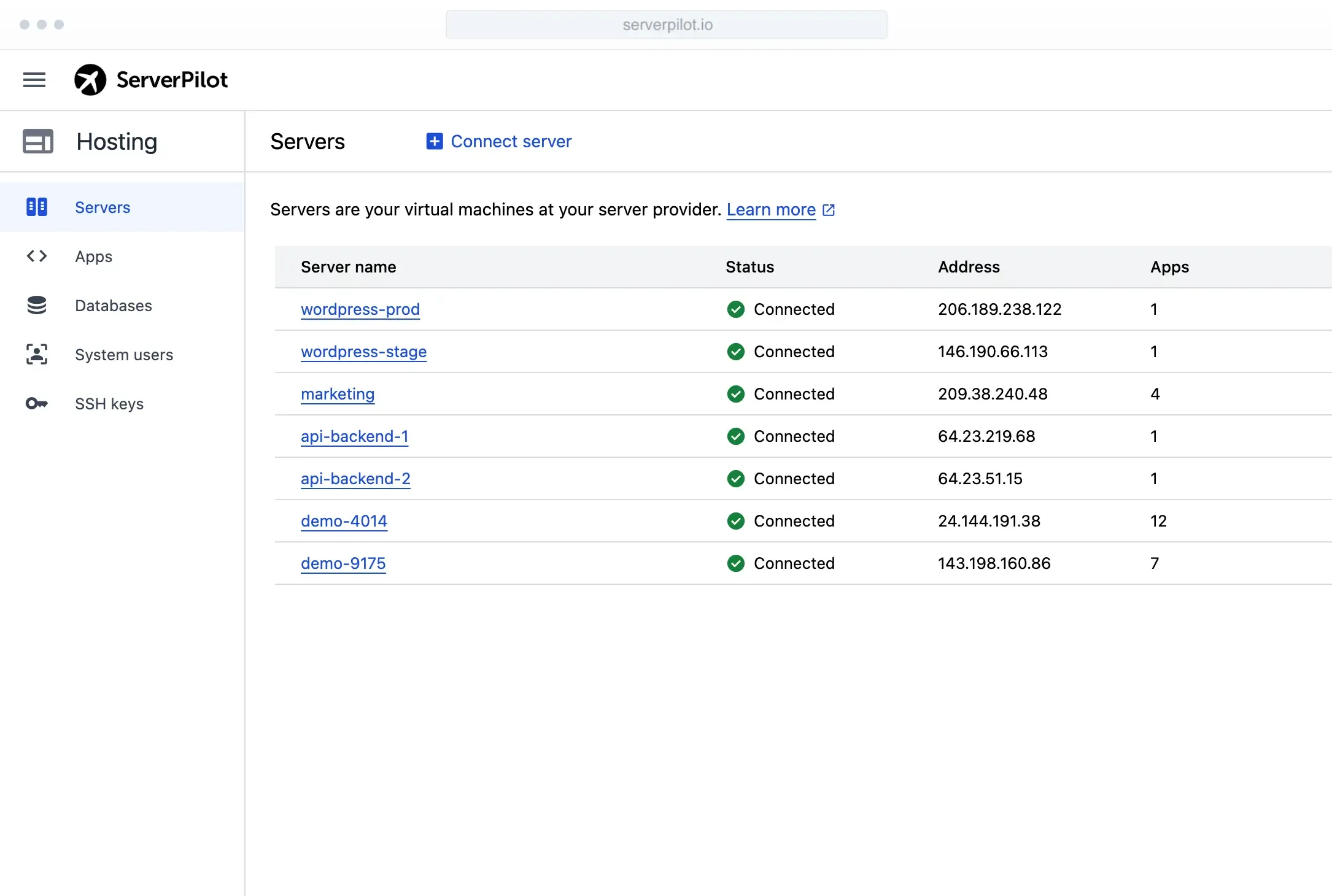 ServerPilot servers list showing connected servers and app counts