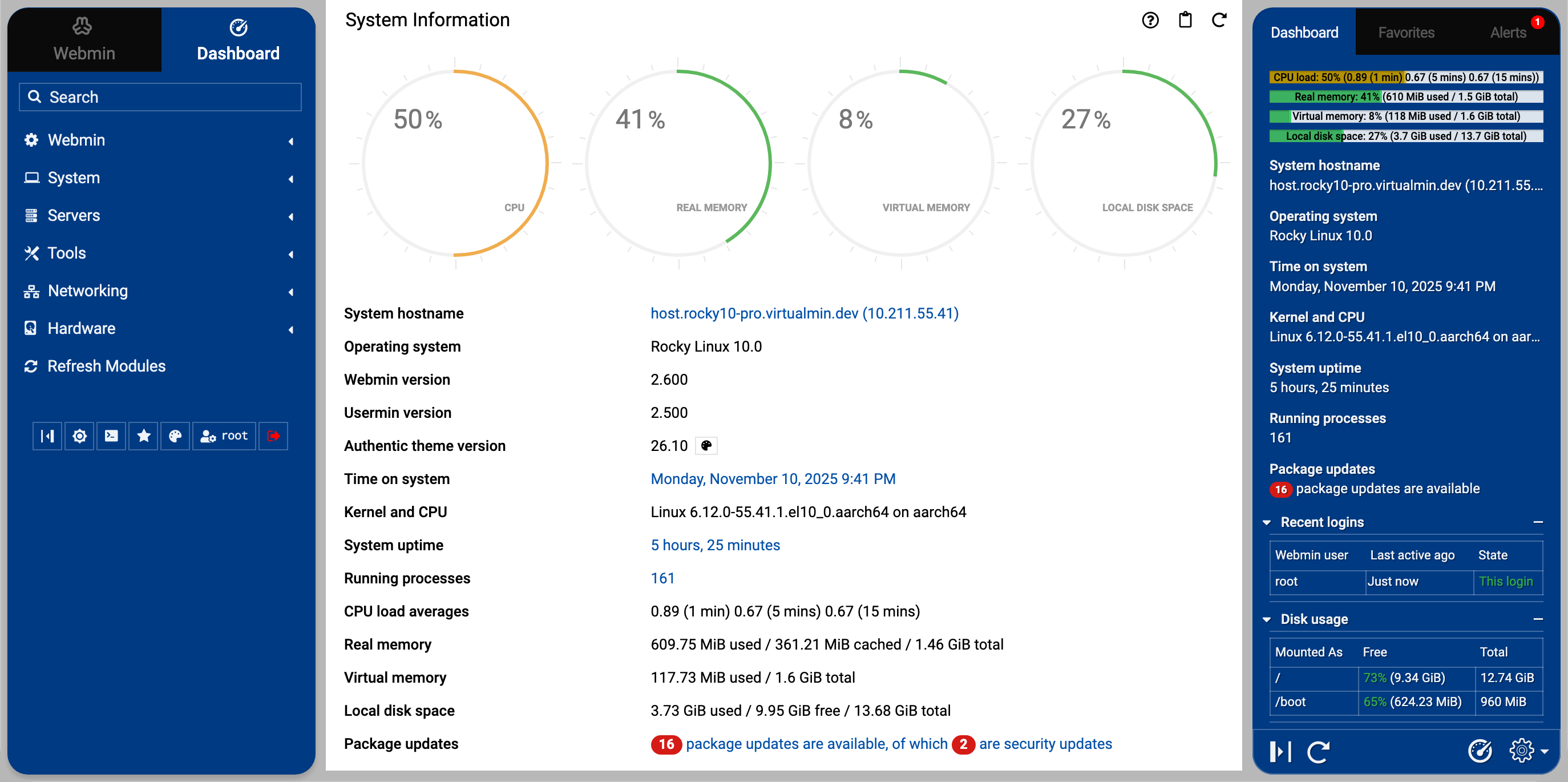 Webmin dashboard with the Authentic theme showing CPU, memory, and disk gauges plus system information