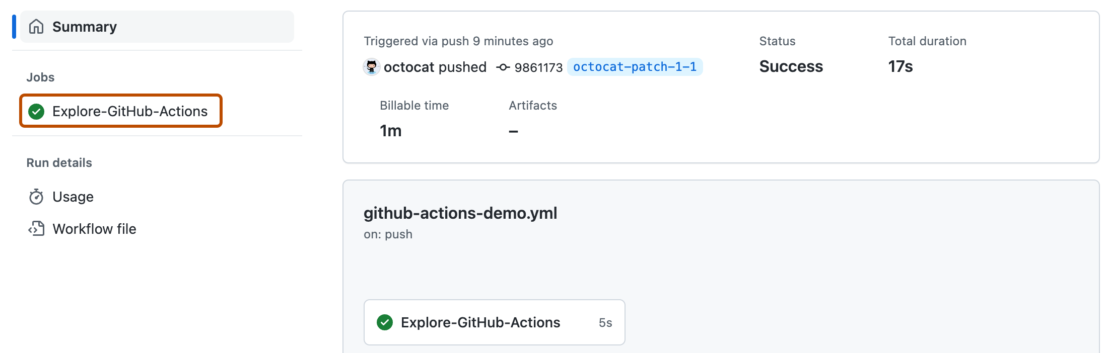 GitHub Actions workflow run summary showing a successful push-triggered job