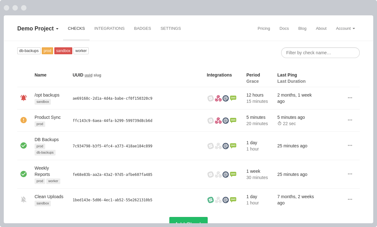 healthchecks.io dashboard listing cron job checks with ping periods, grace times, and last-ping status
