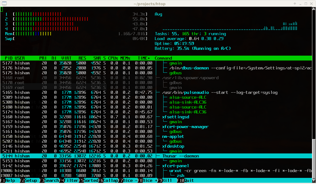 htop process viewer showing per-core CPU meters, memory usage, and a process tree
