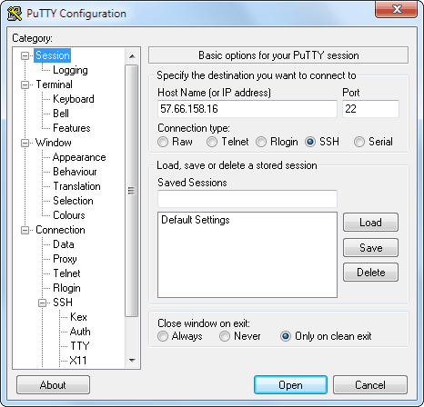 PuTTY configuration window with host name, port 22, and SSH connection type selected