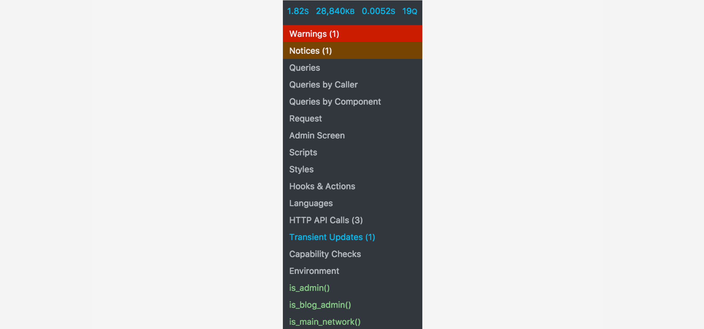 Query Monitor admin panel showing page generation time, memory, query time, and query counts