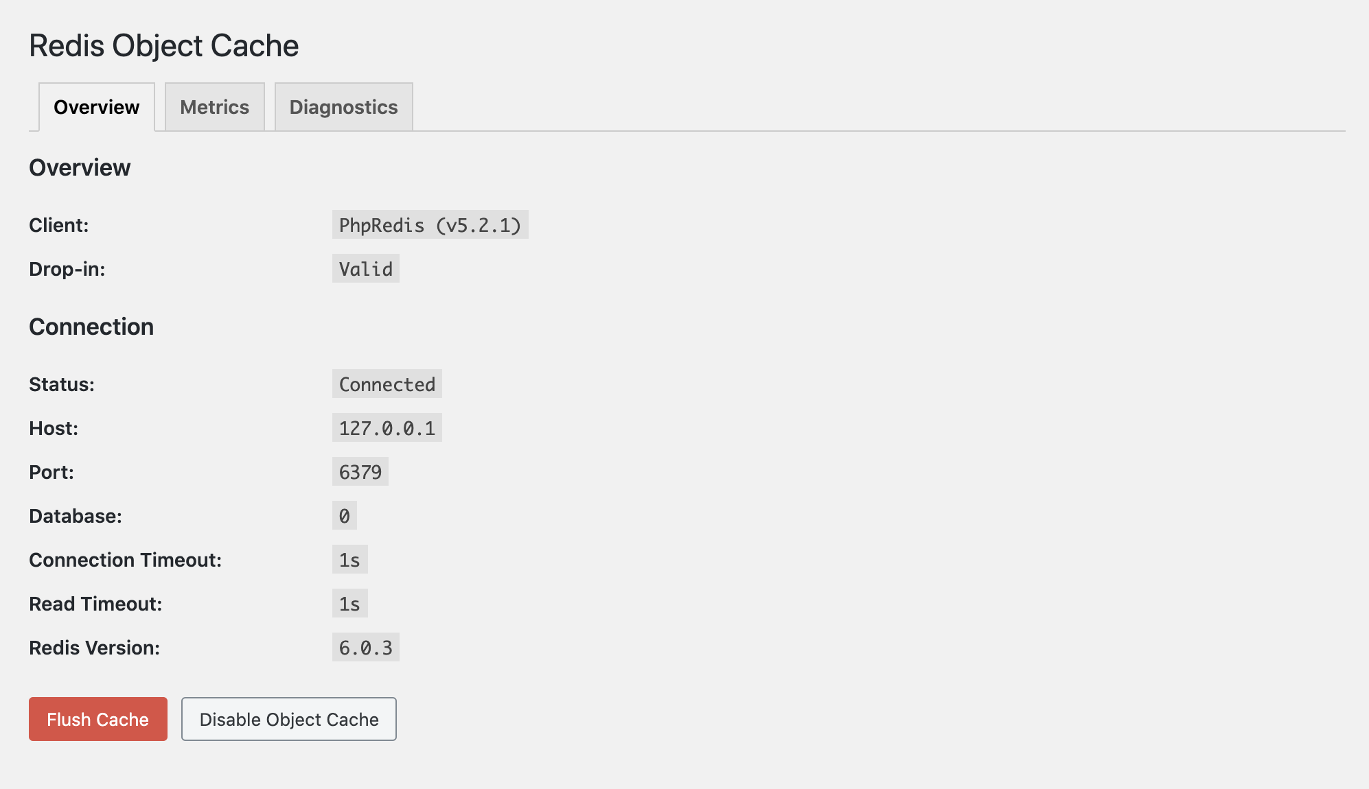 Redis Object Cache plugin overview showing PhpRedis client, valid drop-in, and connected status