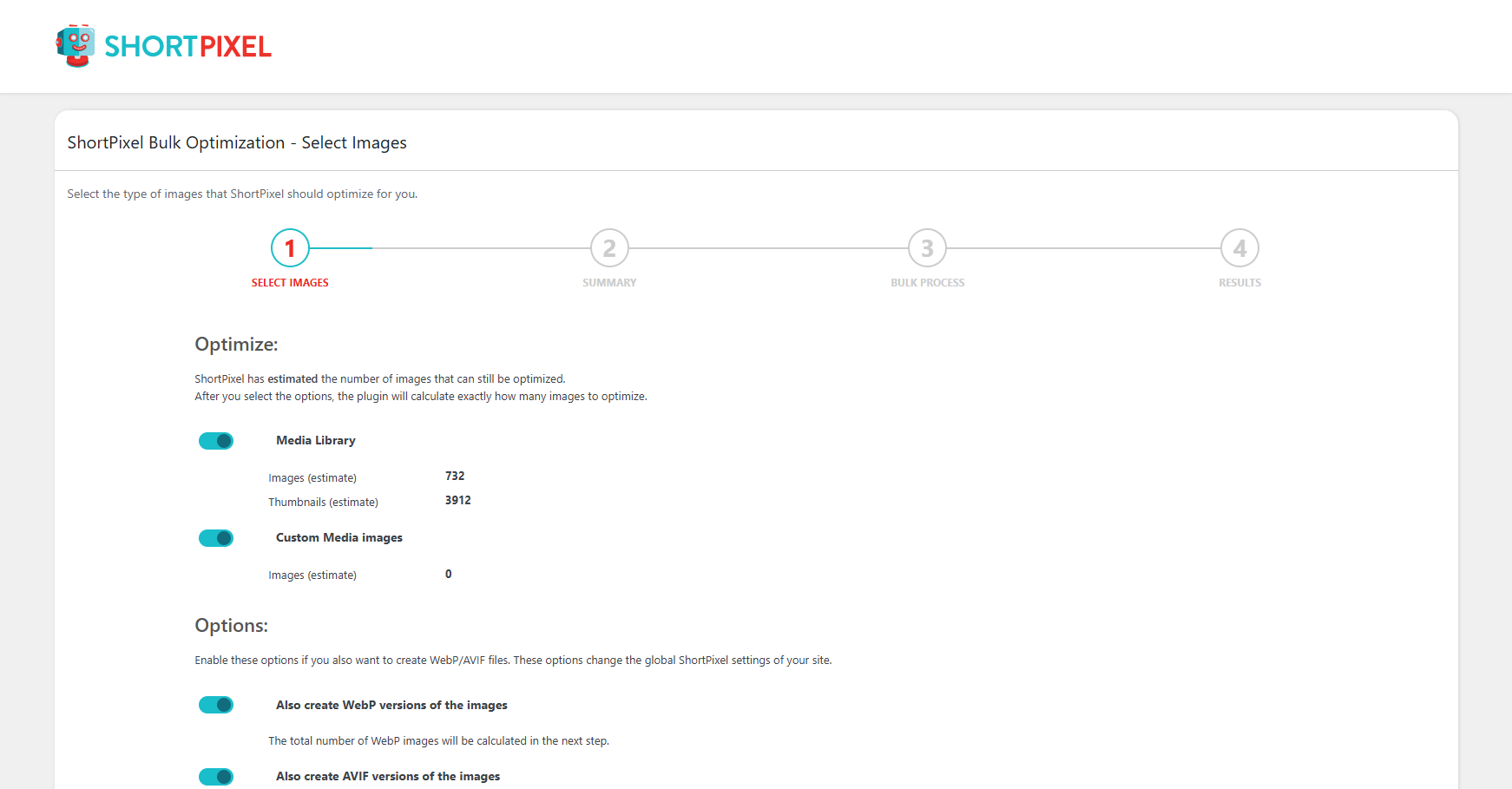 ShortPixel bulk optimization wizard with WebP and AVIF conversion options