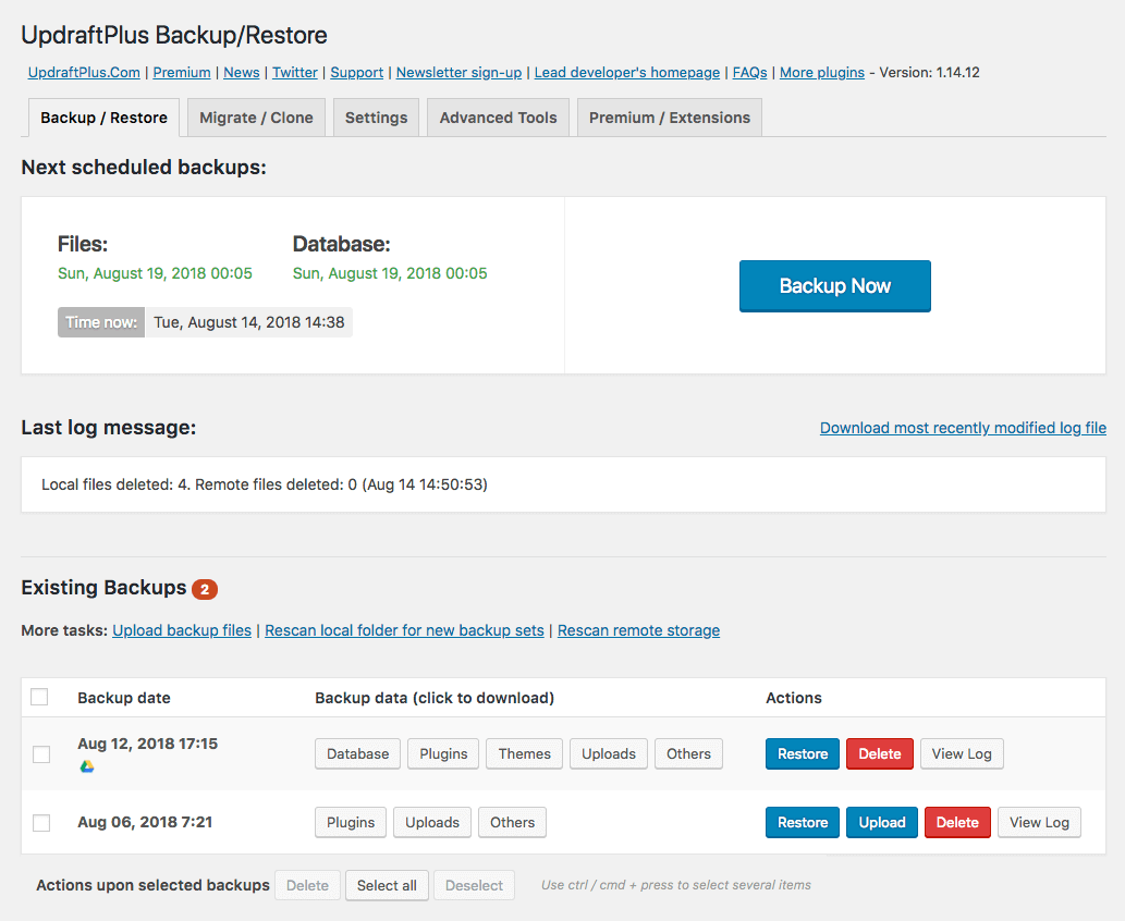 UpdraftPlus Backup/Restore tab with scheduled backups and existing backup sets