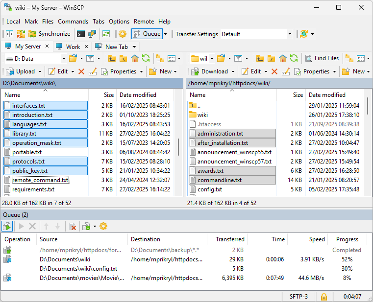 WinSCP dual-pane SFTP client showing local and remote directories with a transfer queue