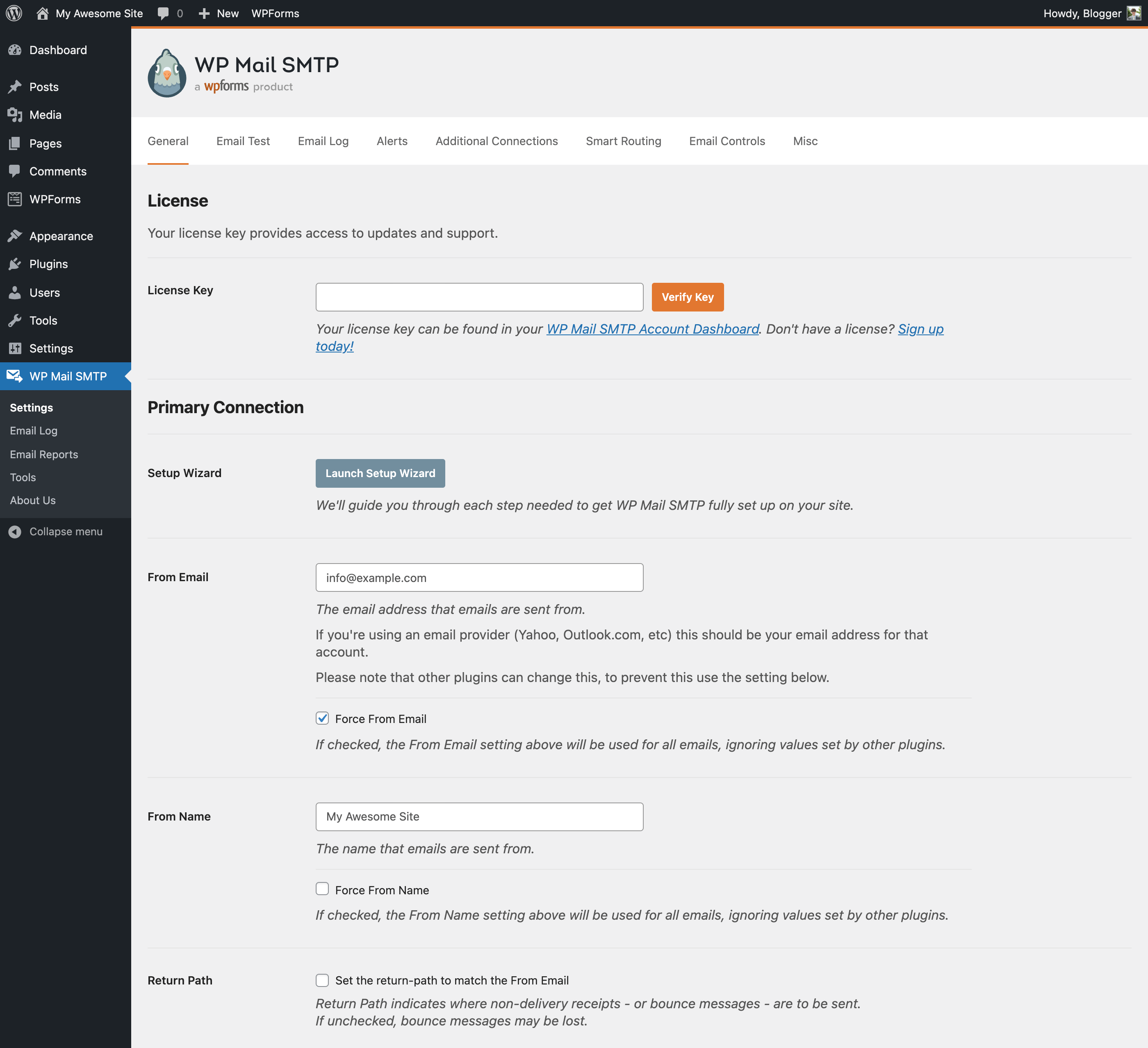 WP Mail SMTP plugin settings in WordPress with From Email, Force From Email, and Return Path options