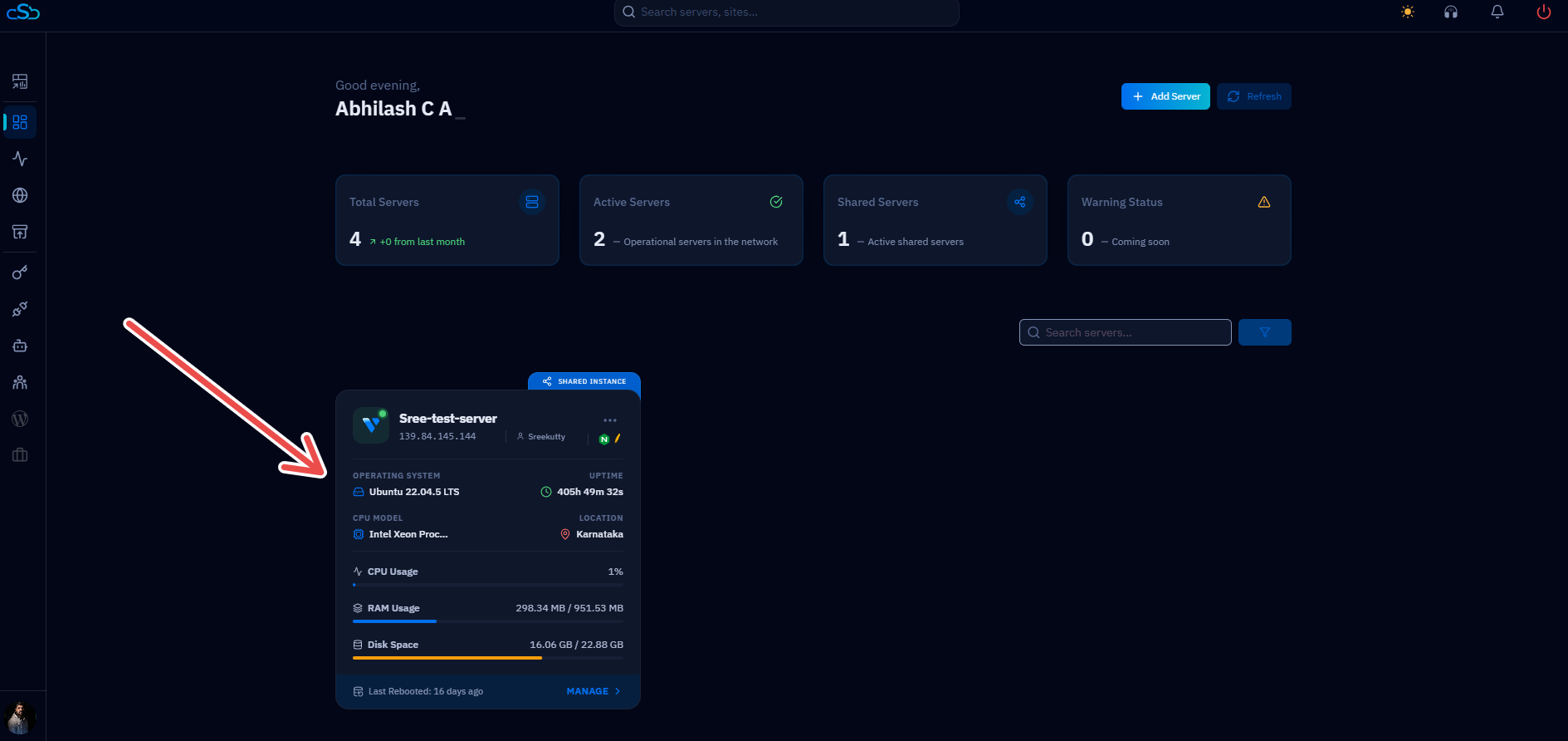 Fig. 01 — CloudStick dashboard listing connected servers. Click a server card to open its server panel.