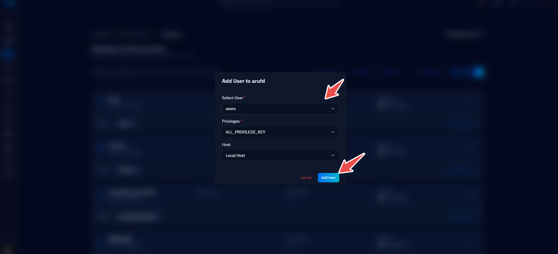 Fig. 04 — The Add User to database form showing the Select User, Privileges, and Host fields.
