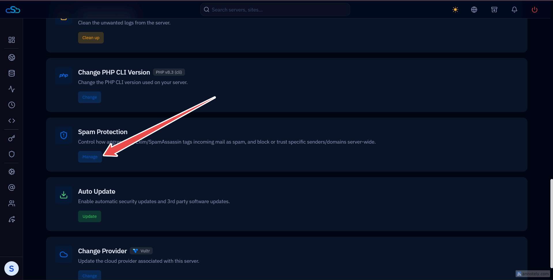 Fig. 02 — Server Settings showing the Spam Protection option and Manage button.