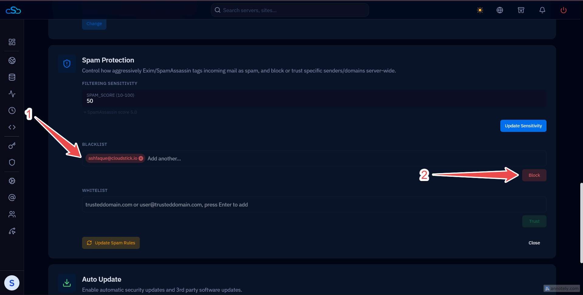 Fig. 03 — Spam Protection panel with the Blacklist field and Block button highlighted.