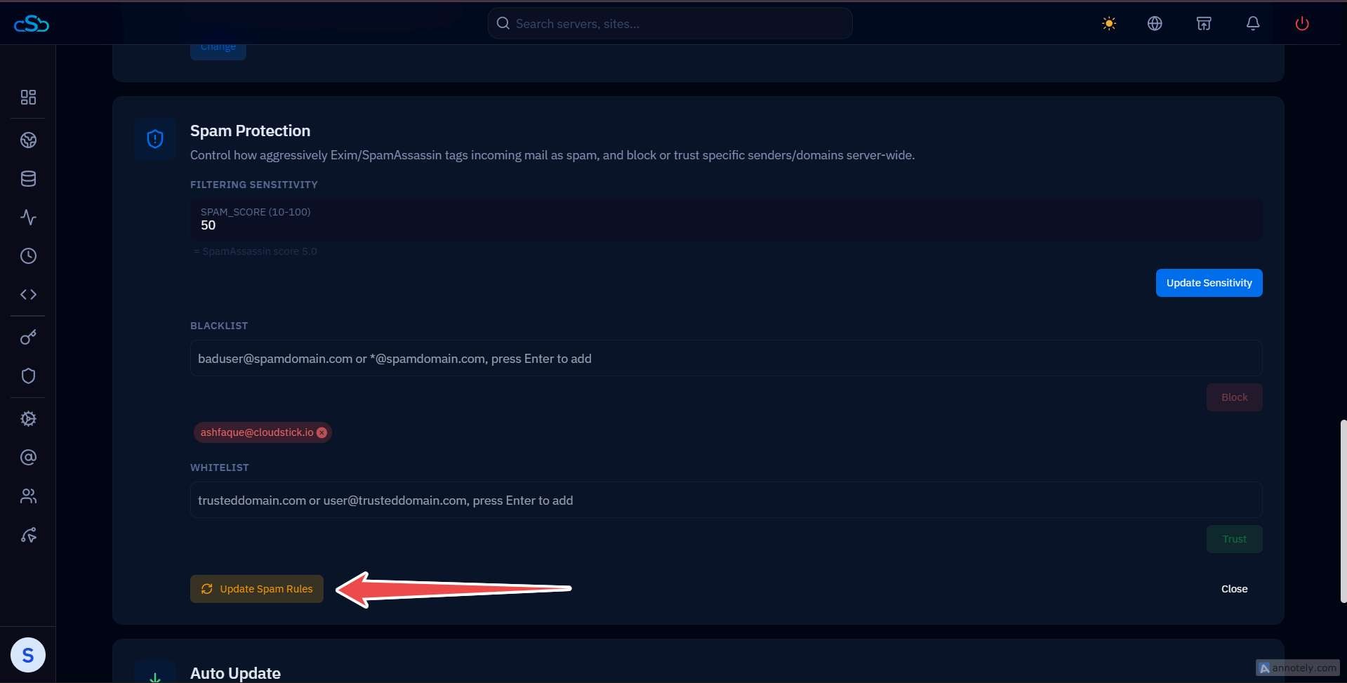 Fig. 04 — Update Spam Rules button used to apply the updated blacklist configuration.
