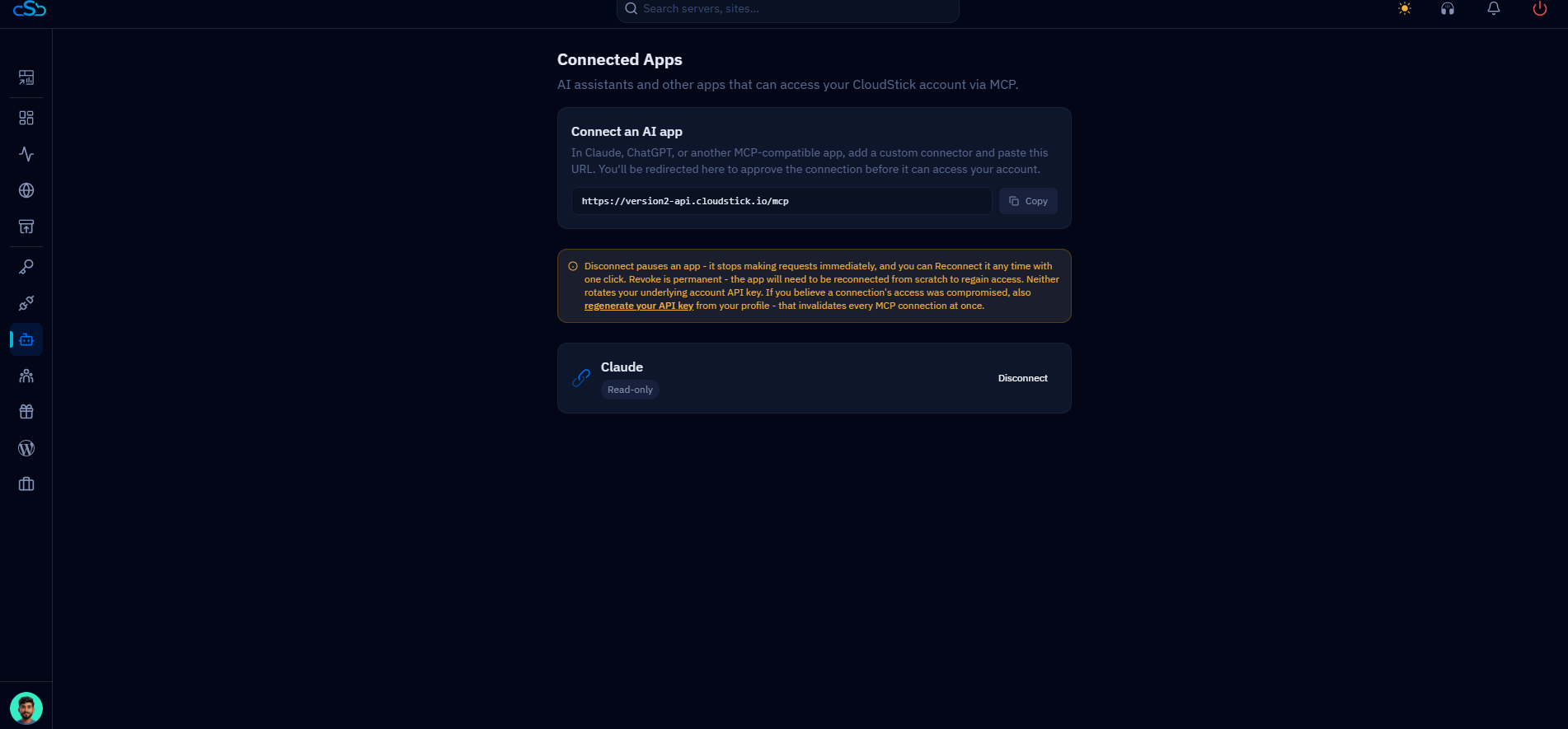 Fig. 03 — The Connect an AI App card showing the CloudStick MCP URL, with Claude already listed as a connected app.