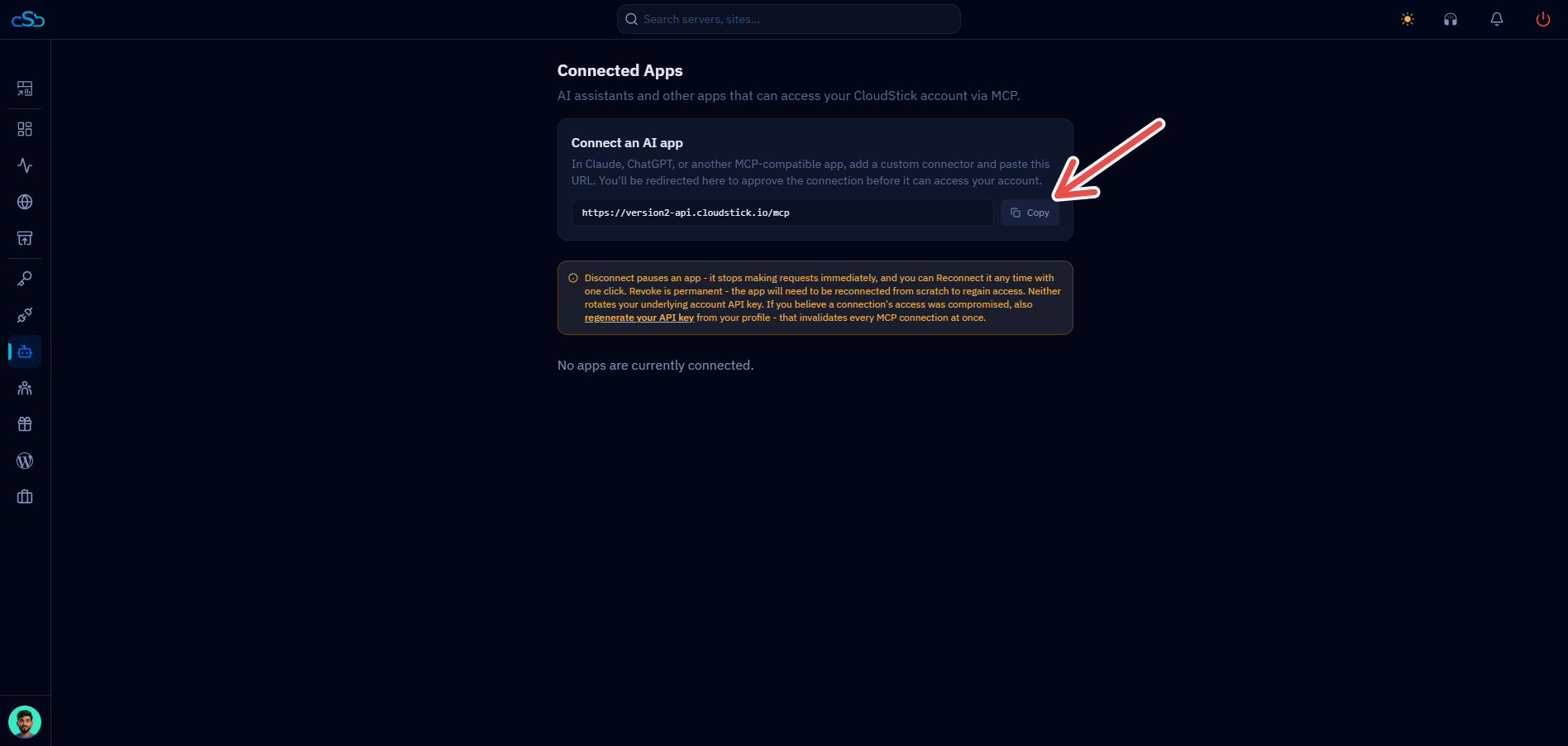 Fig. 02 — The Connected Apps page with the Copy button highlighted next to the CloudStick MCP URL.