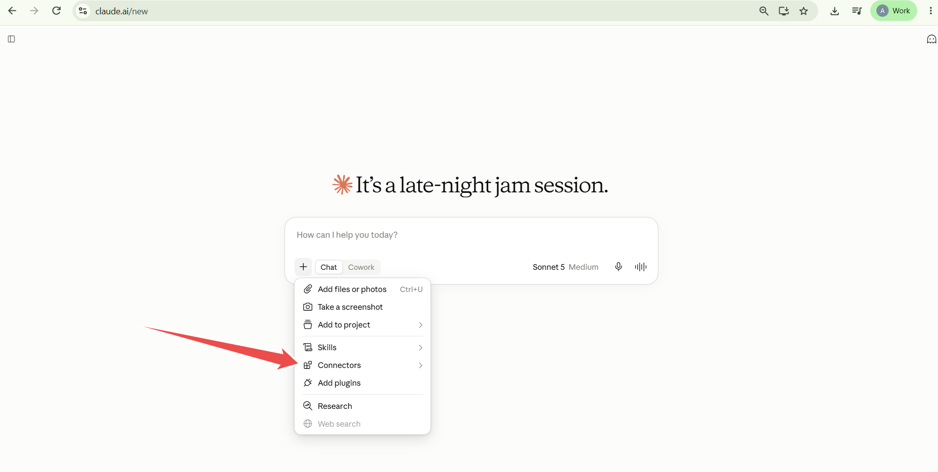 Fig. 04 — The Claude chat composer's + menu with Connectors highlighted, where a custom connector is added.