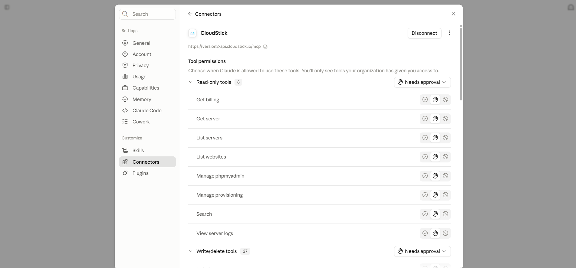 Fig. 05 — The CloudStick connector's Tool permissions screen in Claude, listing the eight read-only tools.