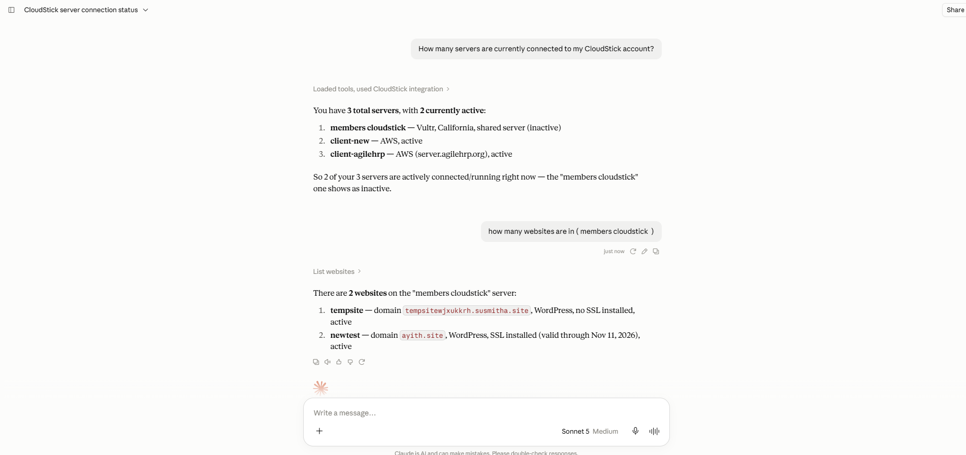 Fig. 07 — Claude responding with the connected servers and the websites hosted on one of them, based on live CloudStick data.