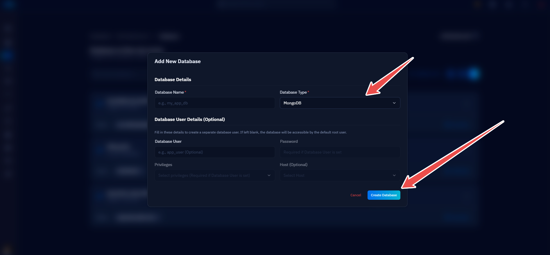 Fig. 04 — Add New Database form with Database Type set to MongoDB, ready to submit.