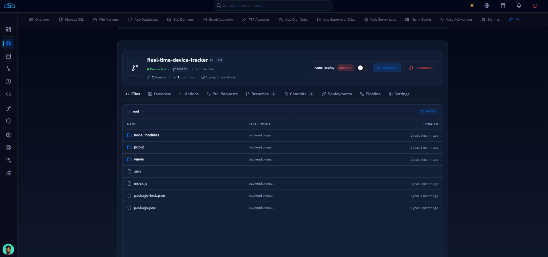 Fig. 11 — Git tab for a deployed website, showing connection status, Auto-Deploy toggle, Redeploy and Disconnect actions, and repository management tabs.