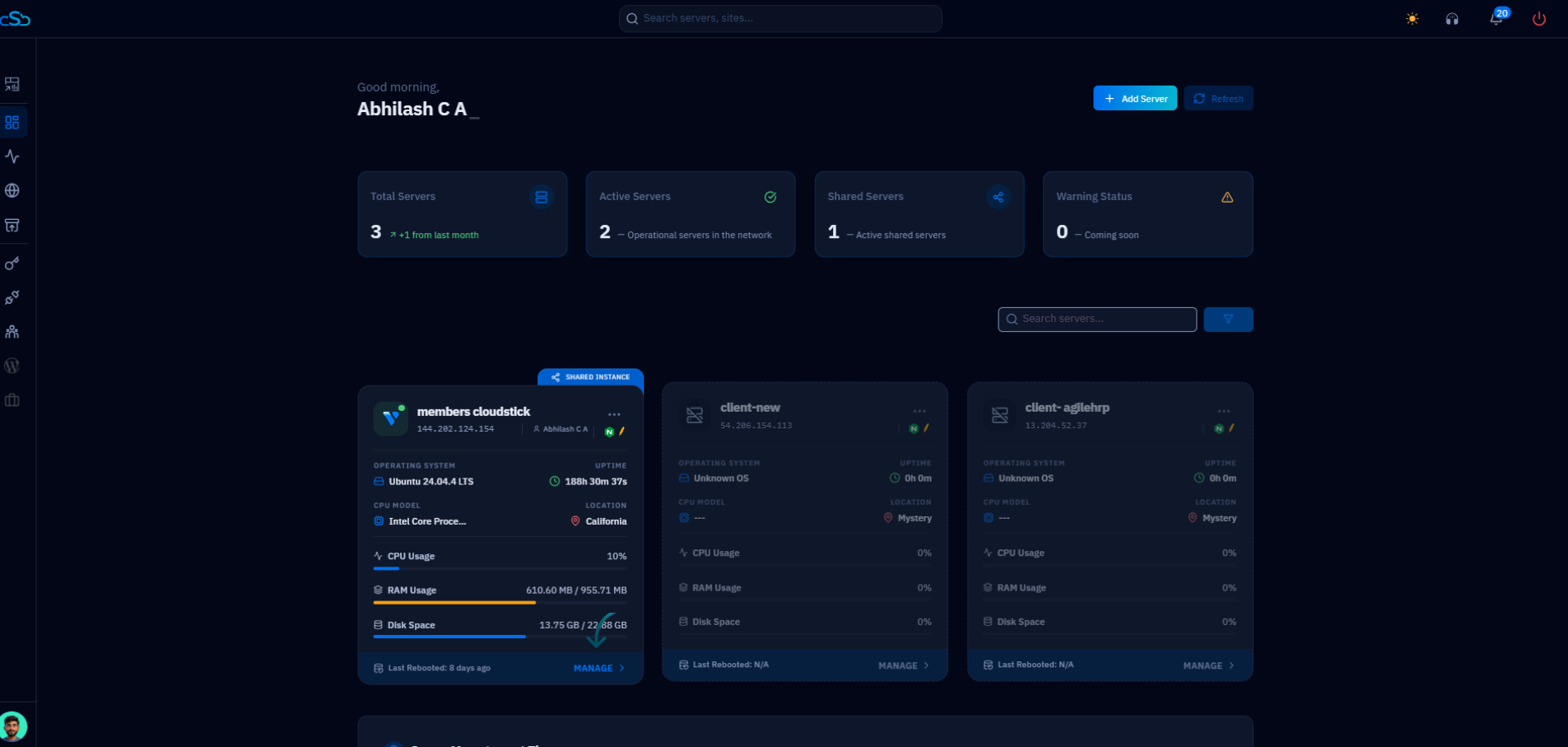 Fig. 02 — CloudStick dashboard listing connected servers; select the server you want to deploy your GitHub repository to.