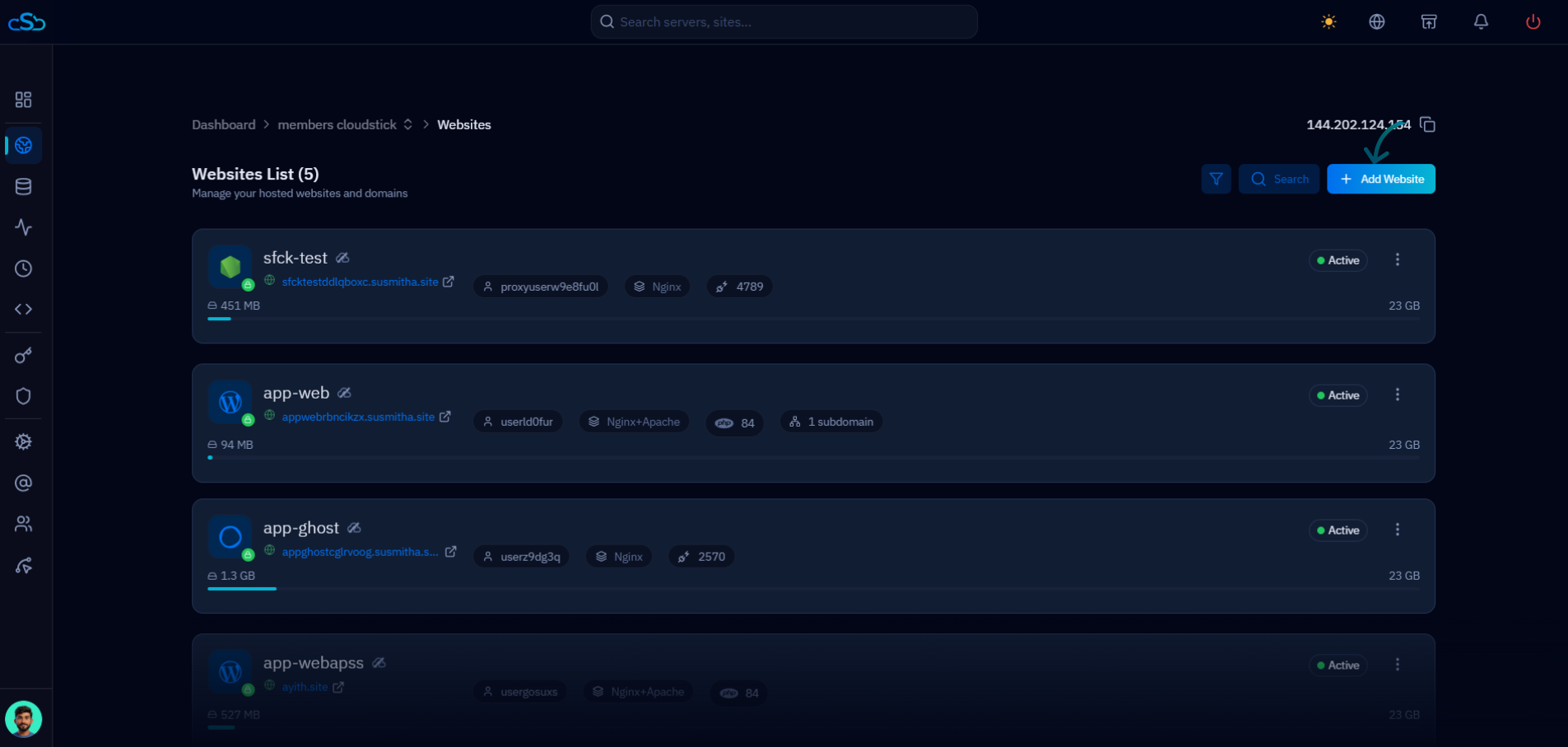 Fig. 03b — Websites List for the selected server; click + Add Website to begin a new deployment.