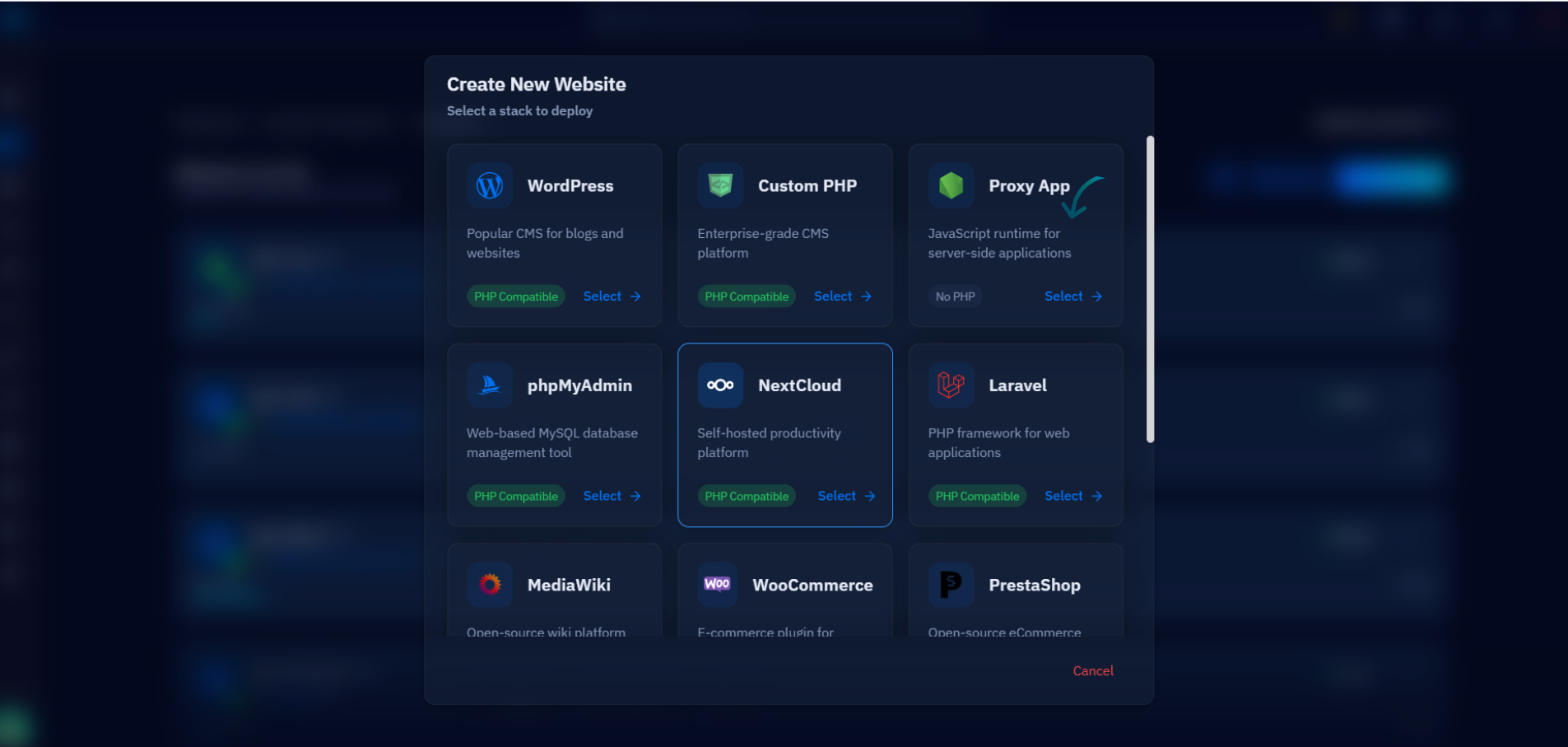 Fig. 04 — Create New Website dialog; select the Proxy App stack to deploy a GitHub-hosted application.