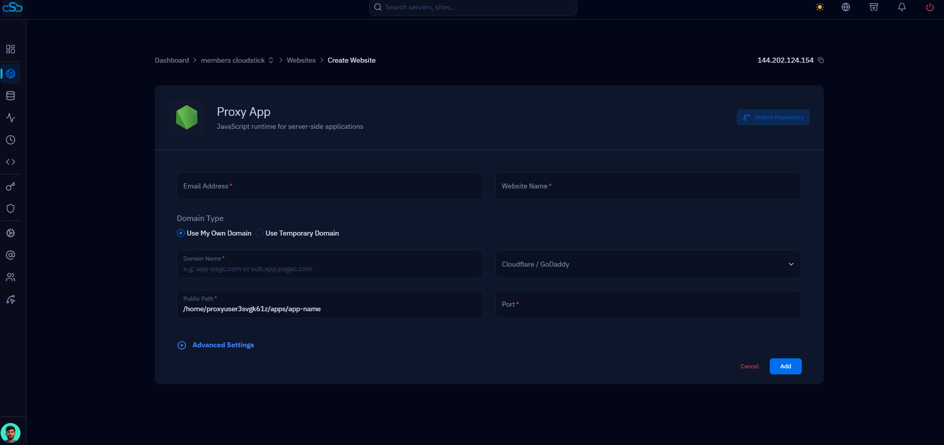 Fig. 05 — Proxy App creation form; click Import Repository to link a GitHub repository.