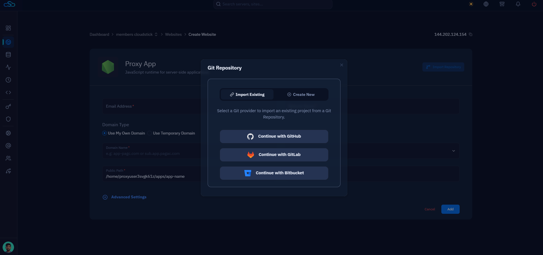 Fig. 06 — Git Repository dialog; choose Import Existing or Create New, then Continue with GitHub.