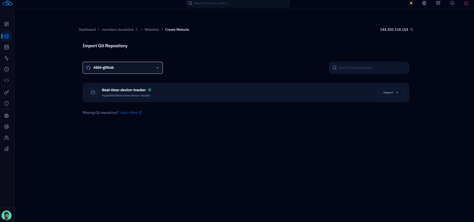 Fig. 07 — Import Git Repository screen listing repositories under the connected GitHub account; click Import to proceed.