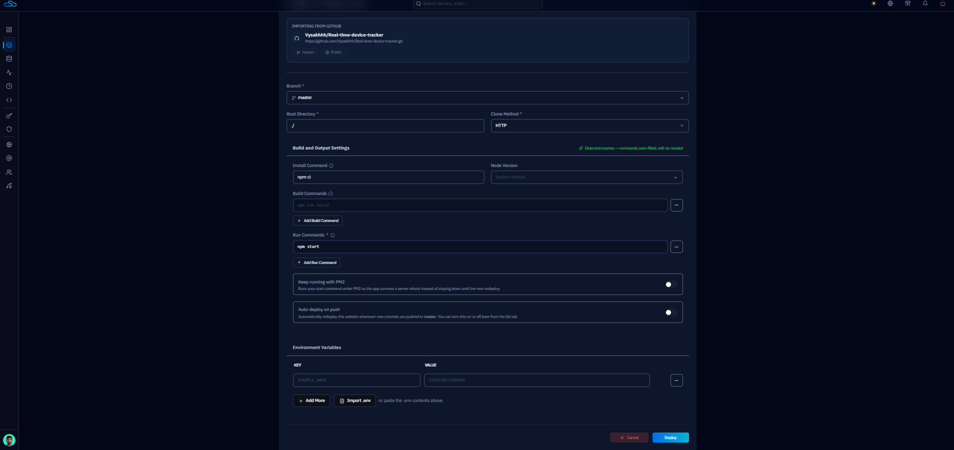 Fig. 08a — Configure Deployment form showing branch, root directory, install/build/run commands, PM2, Auto-deploy on push, and environment variables.