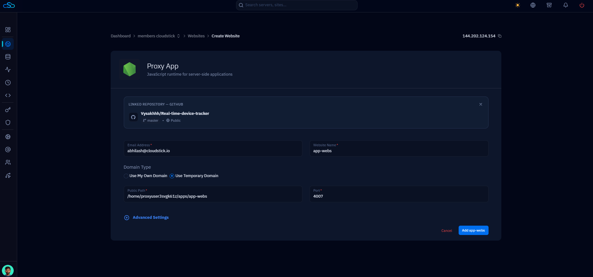 Fig. 09a — Proxy App form with the linked GitHub repository, email address, website name, domain type, and port; click Add Website to deploy.