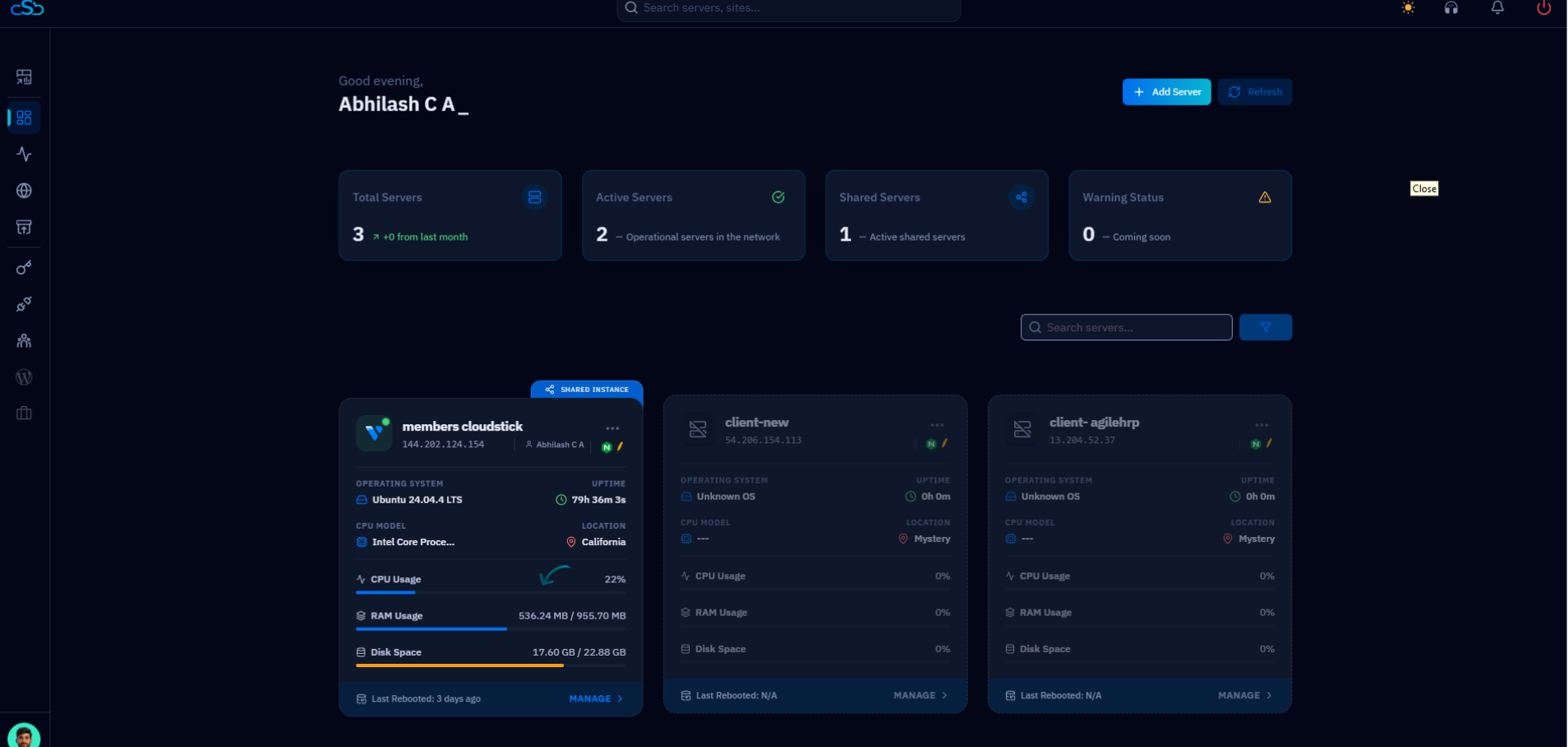 Fig. 01 — CloudStick Dashboard showing all connected servers; click Manage on the server that hosts your website.
