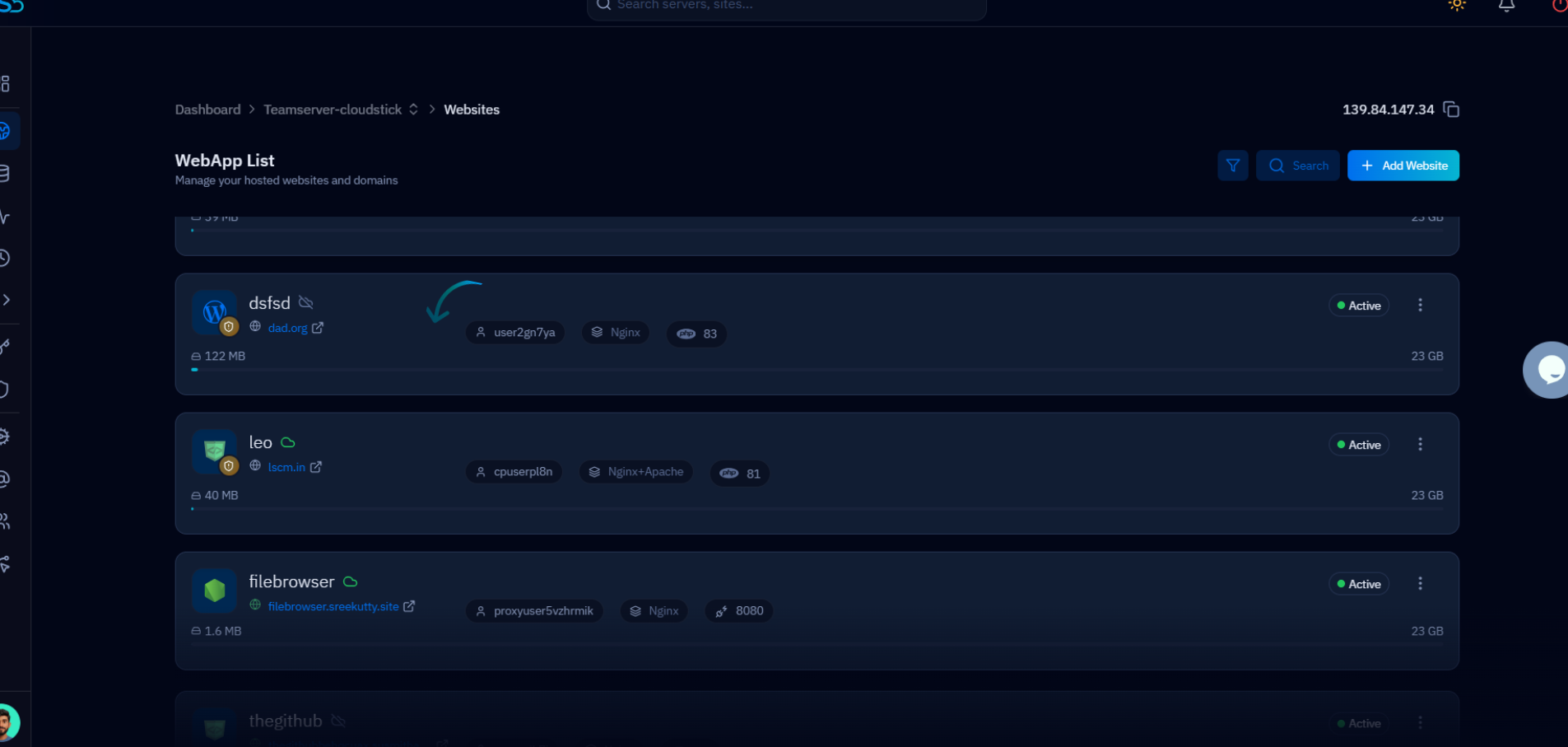 Fig. 02 — The WebApp List showing hosted websites; click the WordPress website you want to update.