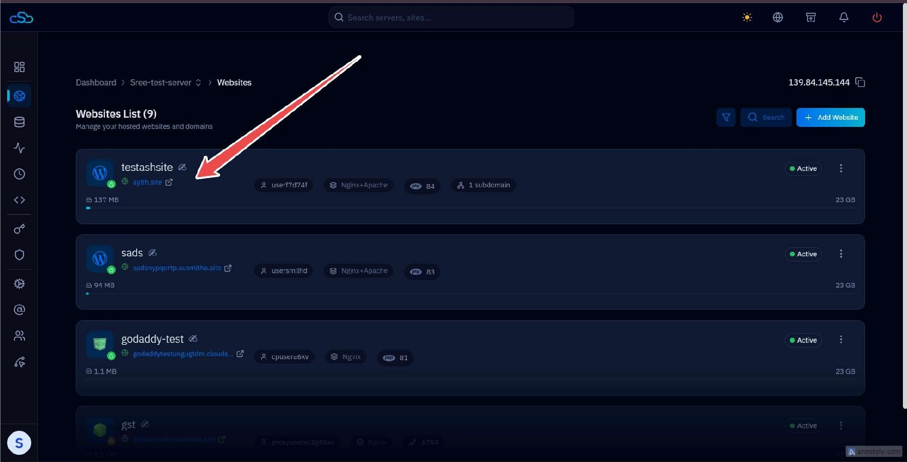 Fig. 03 — Websites List showing a website selected to open its management page.