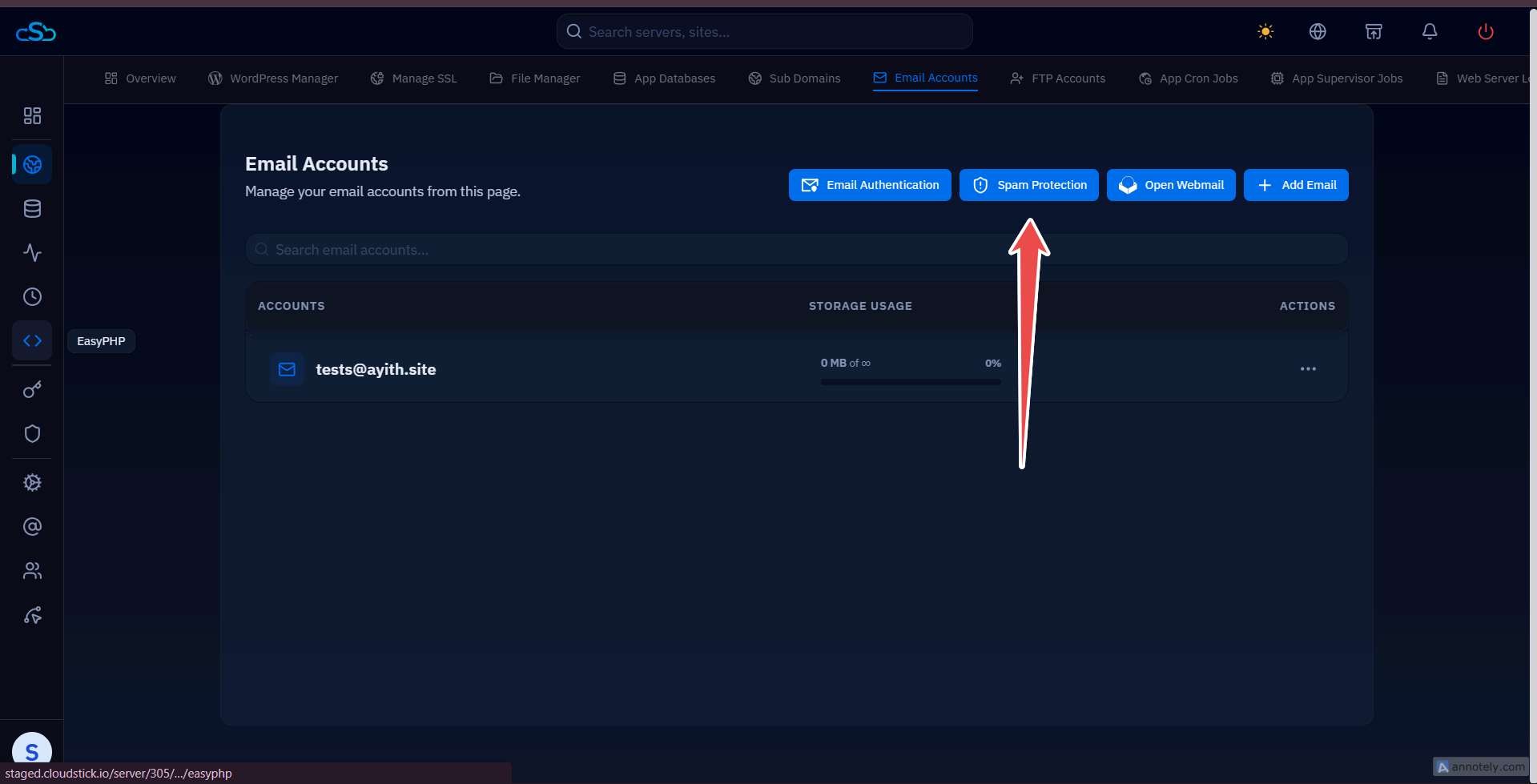 Fig. 05 — Email Accounts page showing the Spam Protection button alongside Email Authentication, Open Webmail, and Add Email.