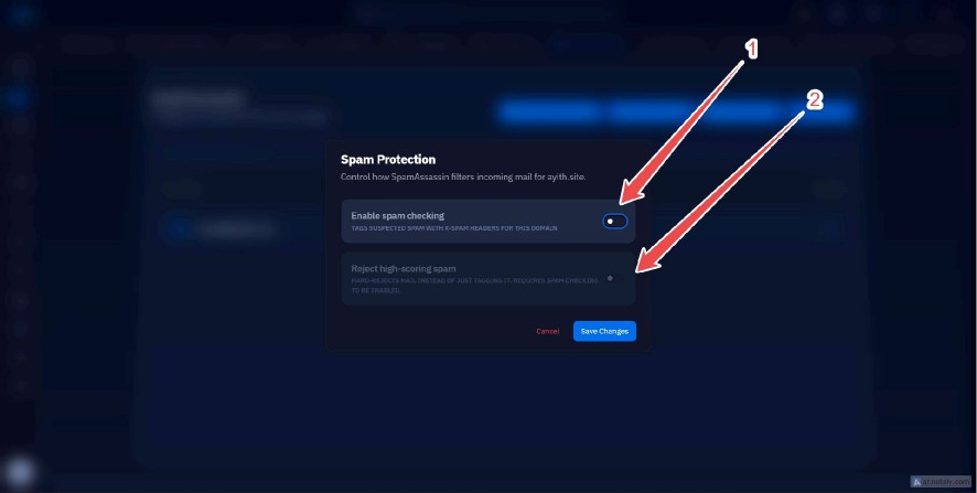 Fig. 06 — Spam Protection settings showing the Enable spam checking and Reject high-scoring spam toggles.