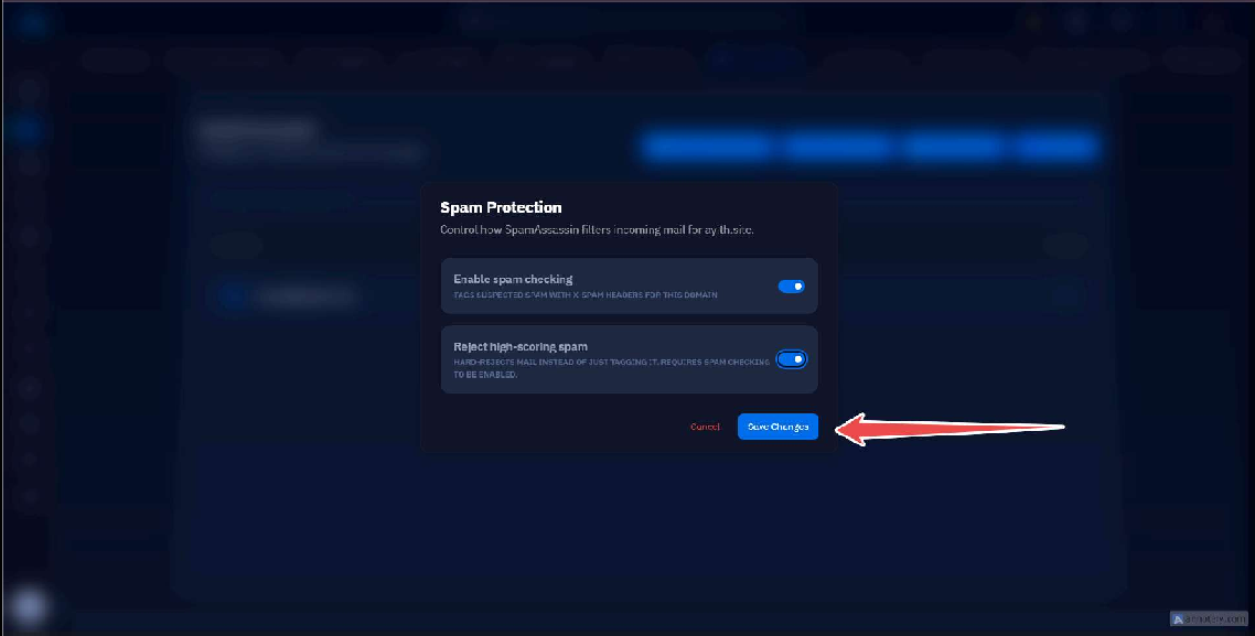 Fig. 07 — Spam Protection settings with both options enabled and the Save Changes button highlighted.