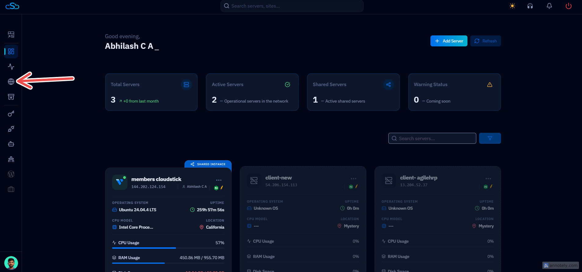 Fig. 10 — CloudStick dashboard with the DNS Manager navigation item highlighted.