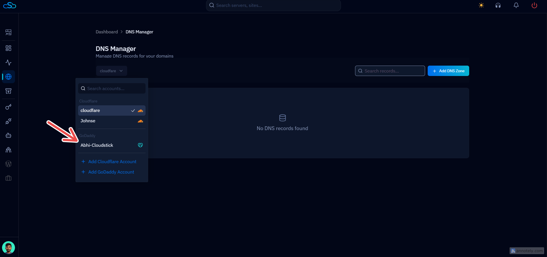 Fig. 11 — DNS Manager account dropdown with the connected GoDaddy integration selected.