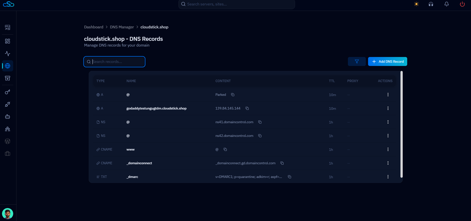 Fig. 13 — DNS records for a GoDaddy domain being managed directly from CloudStick.