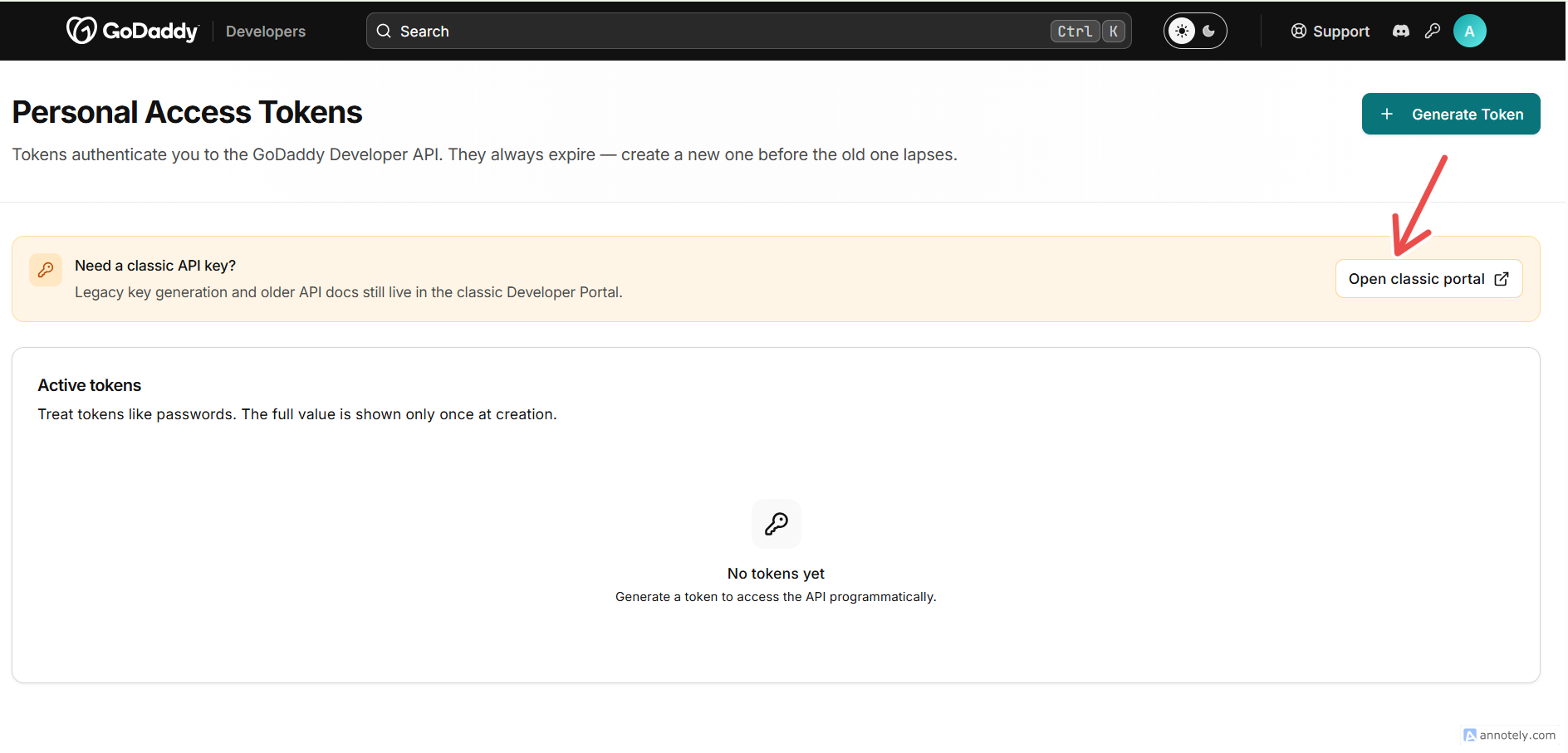 Fig. 02 — Personal Access Tokens page with the Open classic portal button.