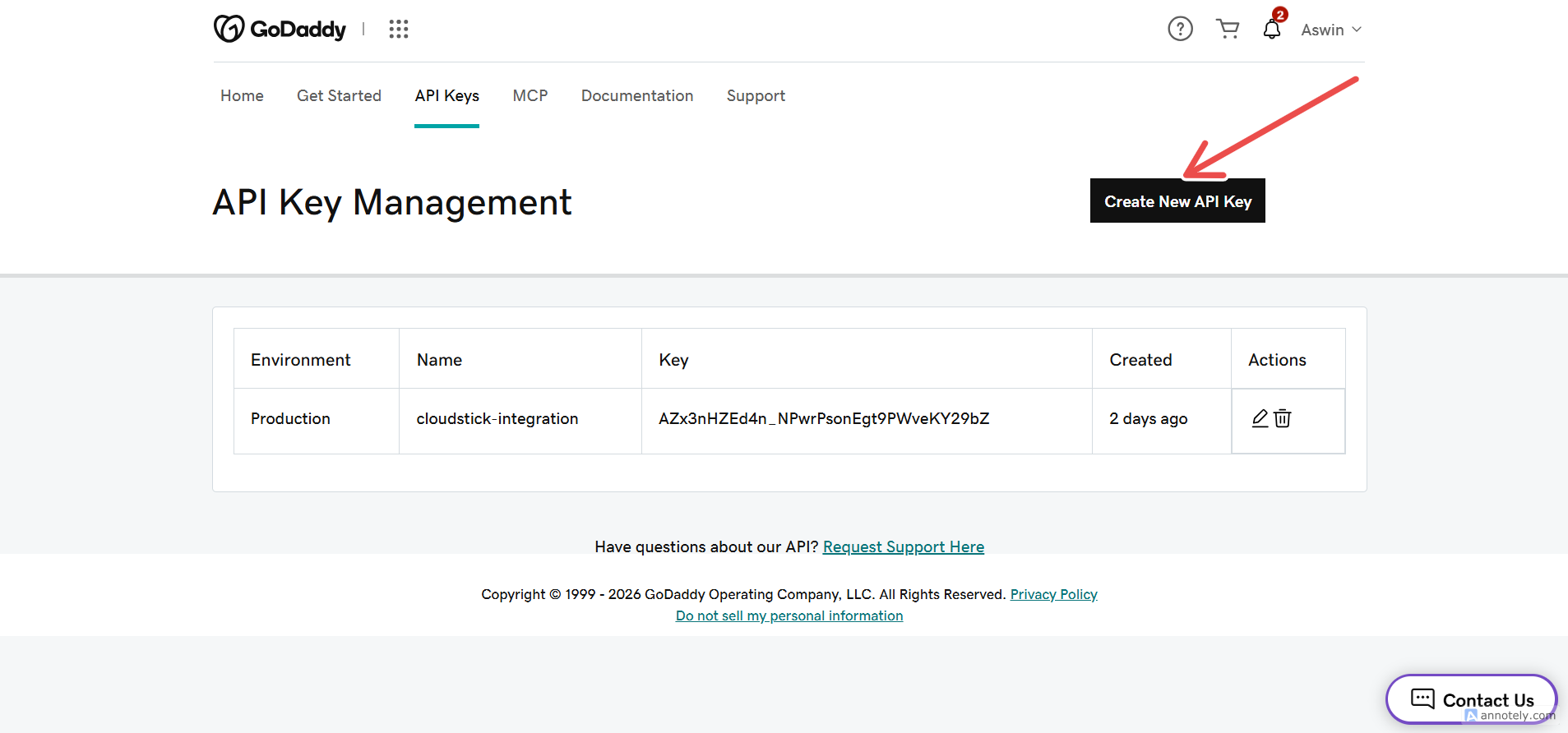 Fig. 03 — API Key Management page with the Create New API Key button.