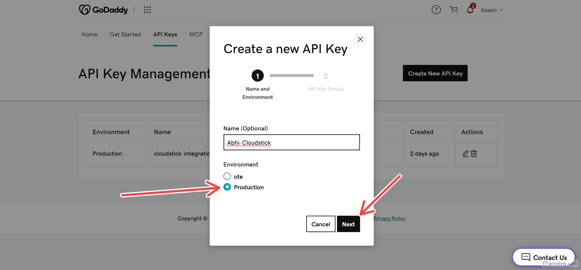 Fig. 04 — Name and Environment step of the Create a new API Key wizard, with Production selected.